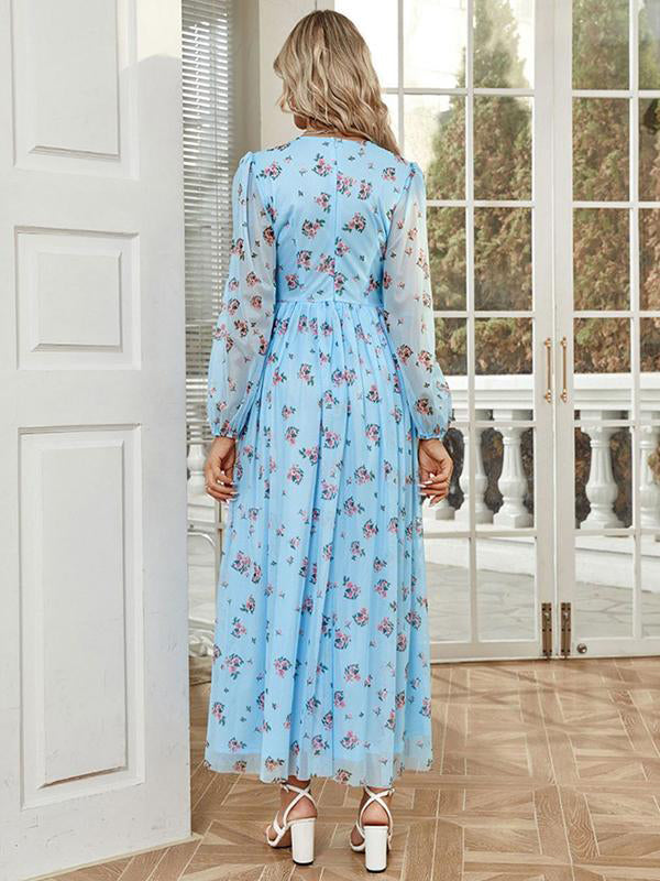 Mumsmode Zwangerchaps Maxi Fotoshoot Jurken Elegant Bloemenprint Tule V-hals Driekwart Mouw Blauw