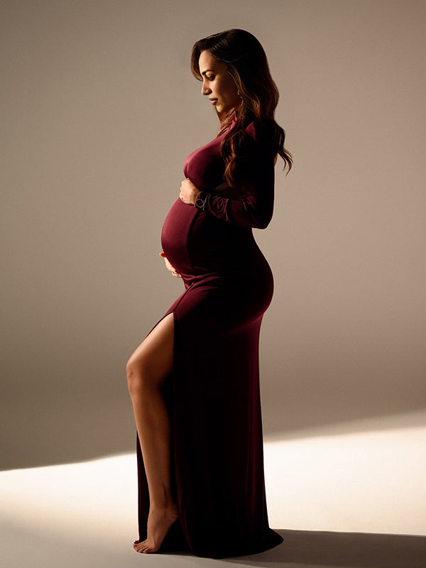 Mumsmode Zwangerchaps Maxi Fotoshoot Jurken Elegant Zijsplit Hoge Hals Lange Mouw Bourgondië