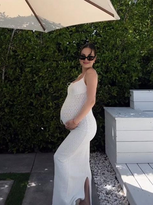 Mumsmode Zwangerschaps Bodycon Jurken Vakantie Koord Uithollen Zijsplit Spaghetti Maxi Jurken