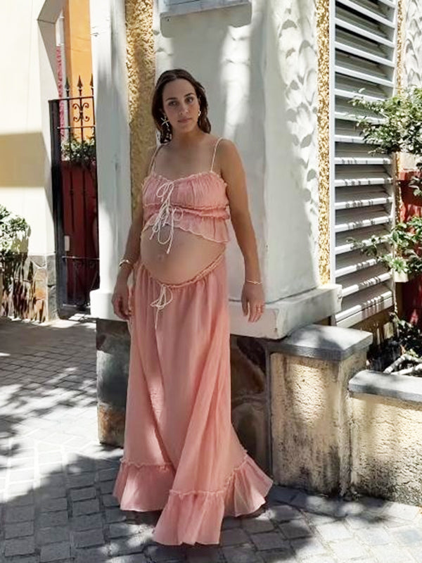 Mumsmode Zwangerschaps Fotoshoot Jurken Vakantie 2-in-1 Ruches Koord Gedrapeerd Spaghetti Maxi Jurken
