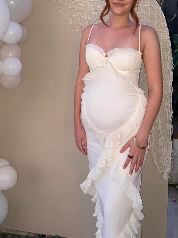 Mumsmode Zwangerschaps Bodycon Jurken Elegant Ceremonie Ruches Zijsplit Spaghetti Bandeau Maxi Jurken