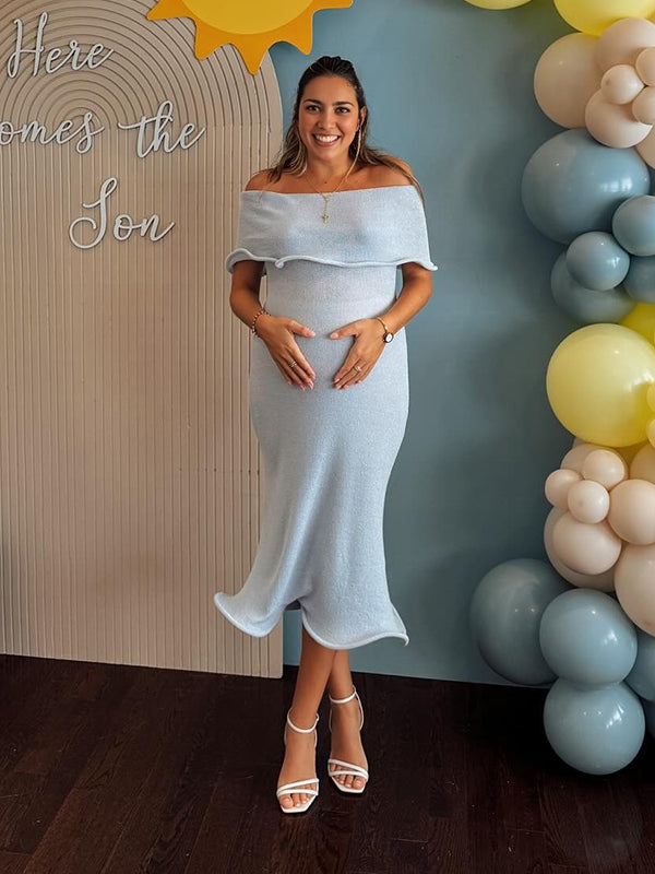 Mumsmode Zwangerschaps Bodycon Jurken Elegant Ceremonie Off Shoulder Ruches Zeemeermin Midi Babyshower Jurken