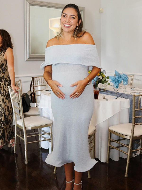 Mumsmode Zwangerschaps Bodycon Jurken Elegant Ceremonie Off Shoulder Ruches Zeemeermin Midi Babyshower Jurken