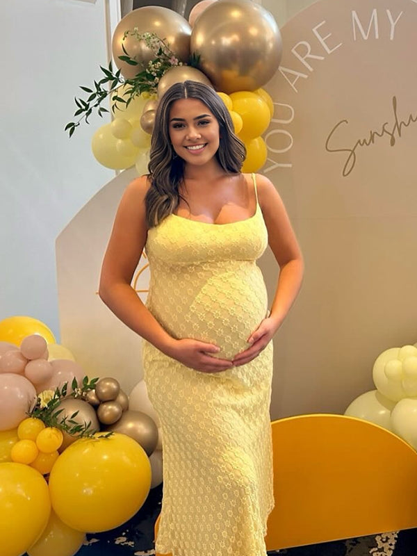 Maxi Baby Shower Zwangerschapsjurk Bodycon Spaghetti Geel