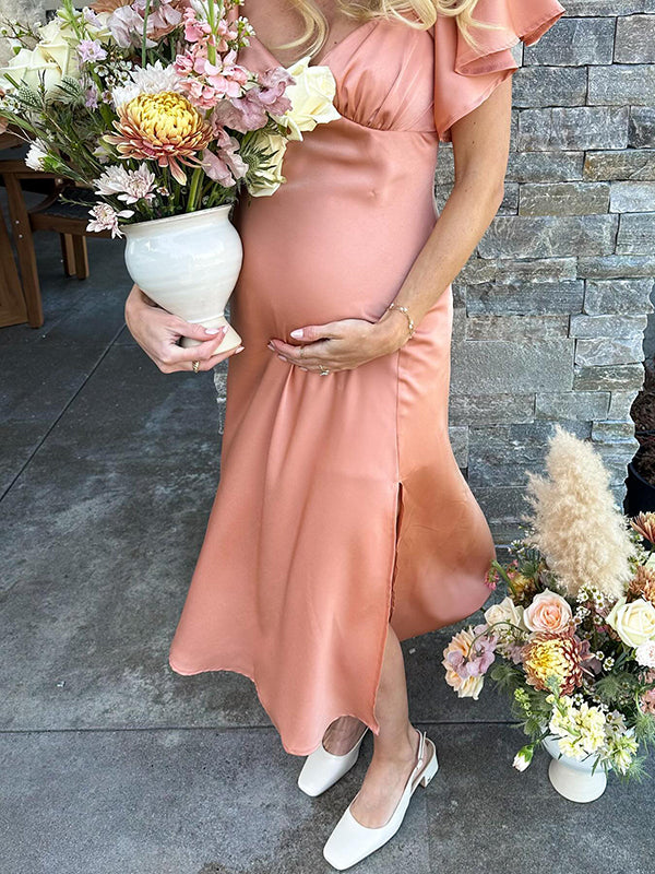 Mumsmode Zwangerschaps Cocktailjurken Elegant Ceremonie Satijn Zijsplit Ruches Maxi Jurken