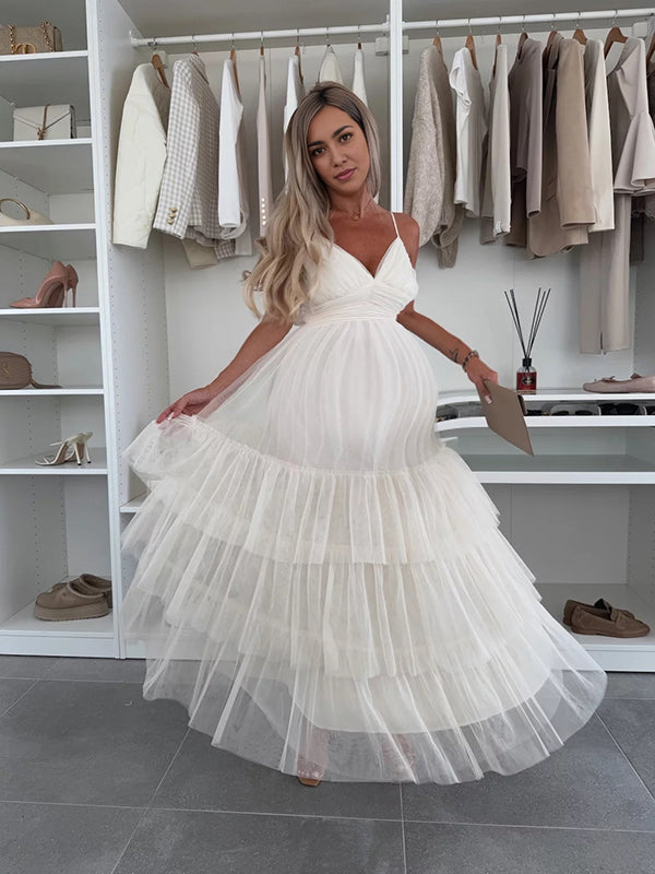 Mumsmode Zwangerschaps Tule Jurken Elegant Ceremonie Cocktail Spaghetti Gevlochten Maxi Jurken