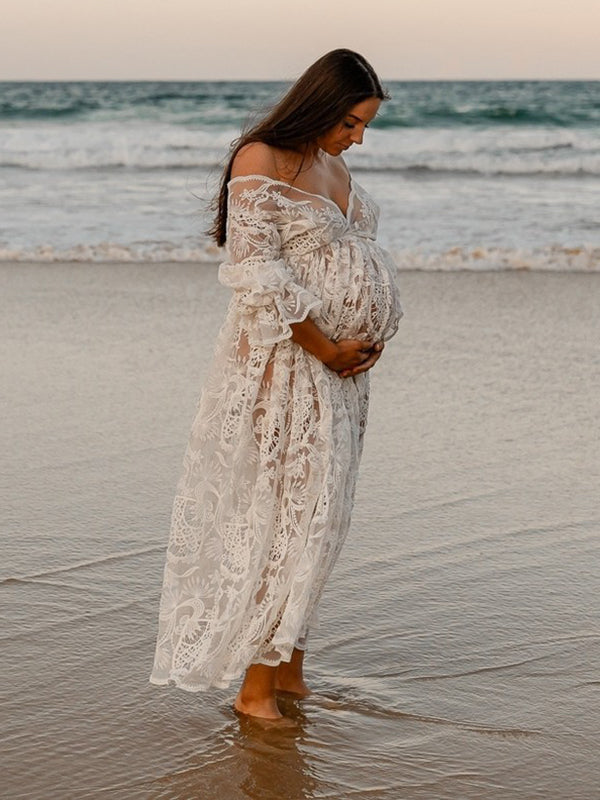 Mumsmode Zwangerschaps Fotoshoot Jurken Boheems Kanten Transparant Ruches Gedrapeerd Maxi Jurken