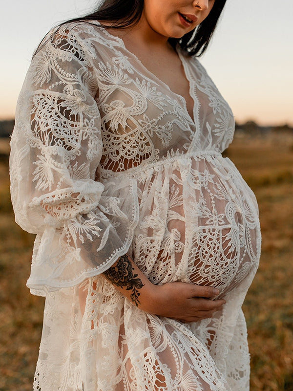 Mumsmode Zwangerschaps Fotoshoot Jurken Boheems Kanten Transparant Ruches Gedrapeerd Maxi Jurken