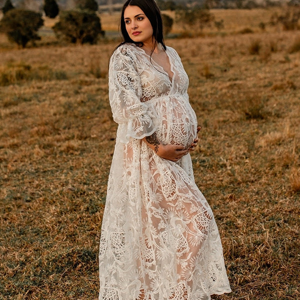 Mumsmode Zwangerschaps Fotoshoot Jurken Boheems Kanten Transparant Ruches Gedrapeerd Maxi Jurken