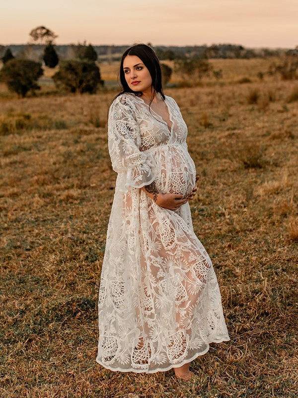 Mumsmode Zwangerschaps Fotoshoot Jurken Boheems Kanten Transparant Ruches Gedrapeerd Maxi Jurken