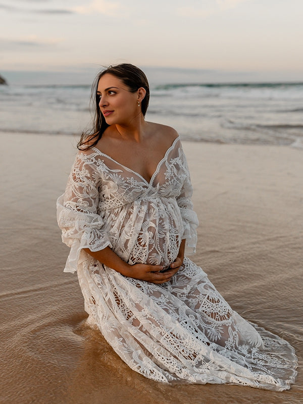 Mumsmode Zwangerschaps Fotoshoot Jurken Boheems Kanten Transparant Ruches Gedrapeerd Maxi Jurken
