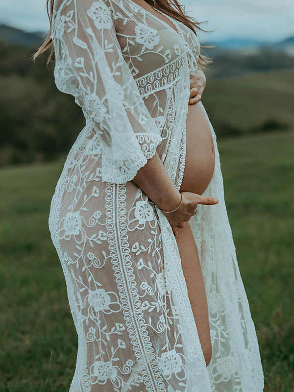 Mumsmode Zwangerschaps Fotoshoot Jurken Boheems Kanten Transparant Zijsplit Golvende Rand Midi Jurken