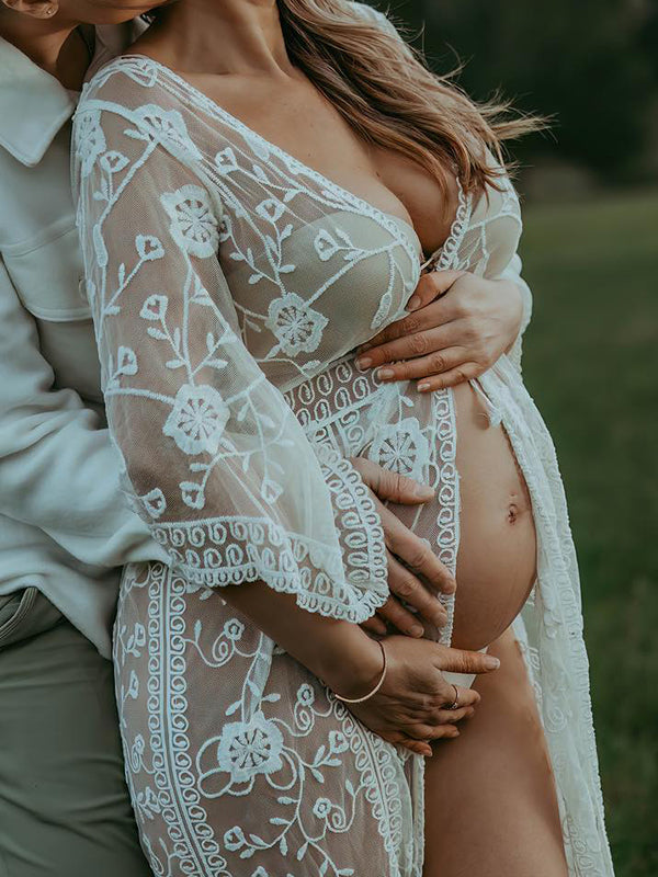 Mumsmode Zwangerschaps Fotoshoot Jurken Boheems Kanten Transparant Zijsplit Golvende Rand Midi Jurken