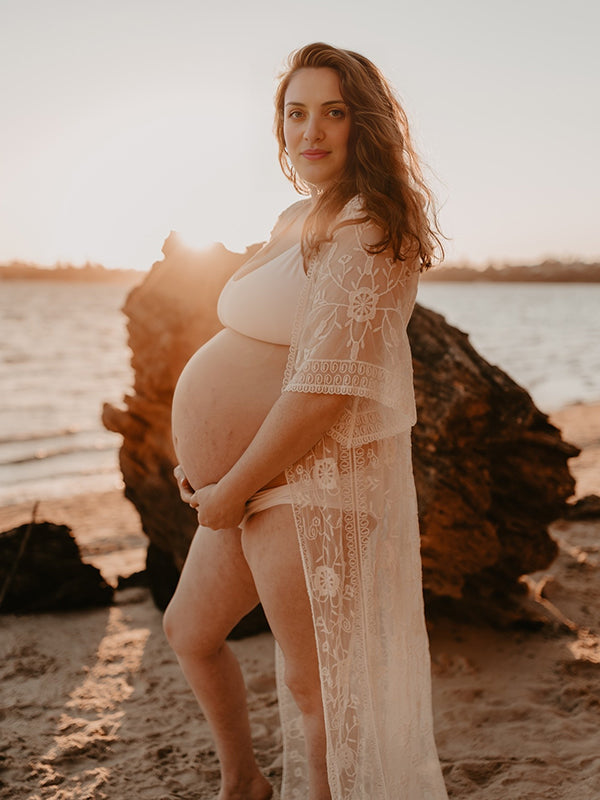 Mumsmode Zwangerschaps Fotoshoot Jurken Boheems Kanten Transparant Zijsplit Golvende Rand Midi Jurken