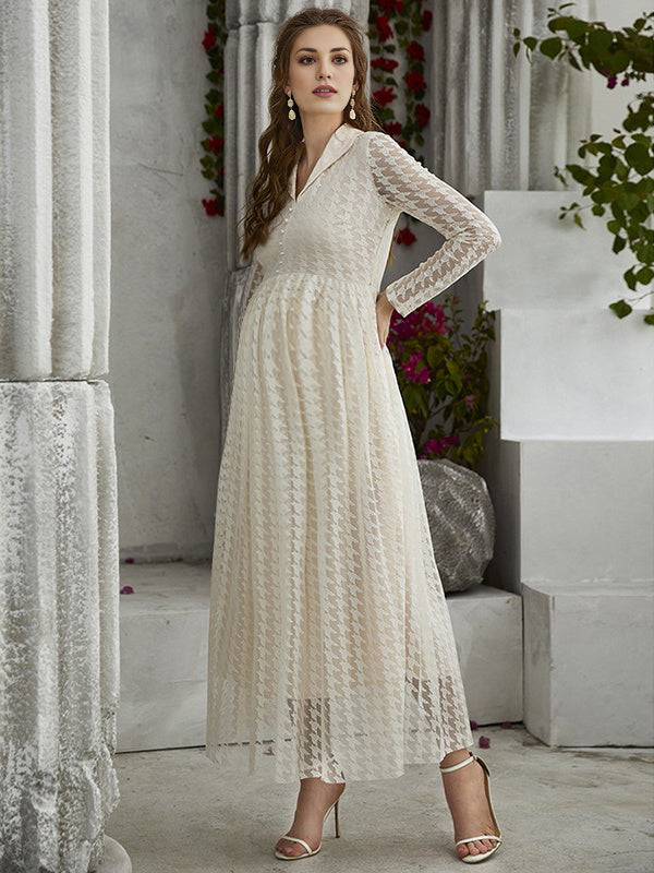 Mumsmode Zwangerchaps Maxi Casual Jurken Dagelijks Tule Borduursel Omgeslagen Kraag Beige