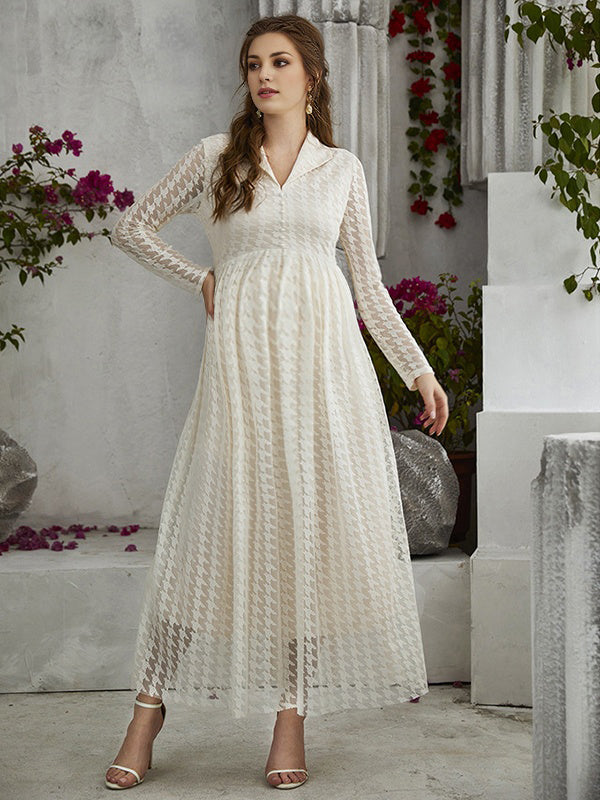 Mumsmode Zwangerchaps Maxi Casual Jurken Dagelijks Tule Borduursel Omgeslagen Kraag Beige