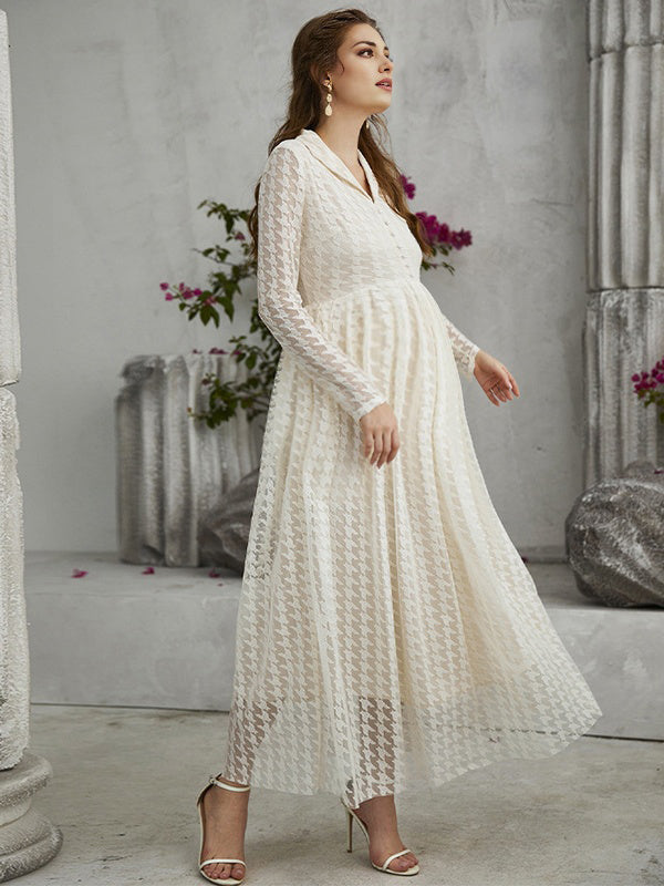 Mumsmode Zwangerchaps Maxi Casual Jurken Dagelijks Tule Borduursel Omgeslagen Kraag Beige