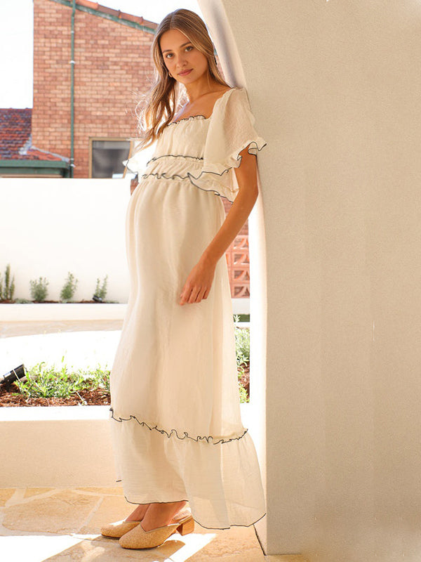 Mumsmode Zwangerchaps Maxi Fotoshoot Jurken Elegant Ruches V-hals ZwartBoot Nek Pofmouw Abrikoos