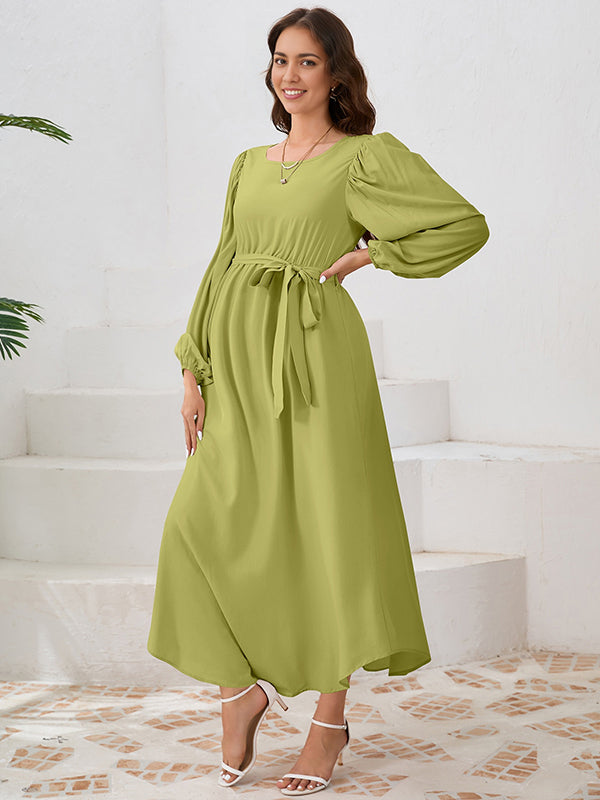 Mumsmode Zwangerchaps Maxi Casual Jurken Dagelijks Riem Ronde Hals Lantaarn Mouw