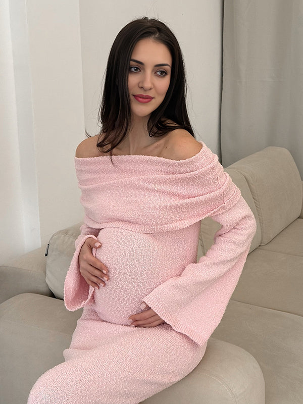 Mumsmode Zwangerchaps Maxi BabyShower Jurk Elegant Breien Boot Nek Flare Mouw Roze