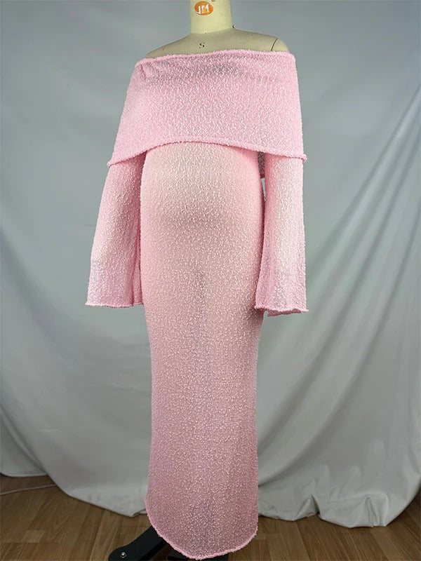 Mumsmode Zwangerchaps Maxi Babyshowerjurk Roze Elegant Gebreid Off Shoulder Flare Mouw Bumpfriendly