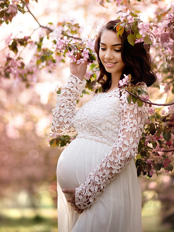 Mumsmode Zwangerchaps Maxi Bruilofts Jurk Elegant Kanten Borduursel Ronde Hals Lange Mouw Wit