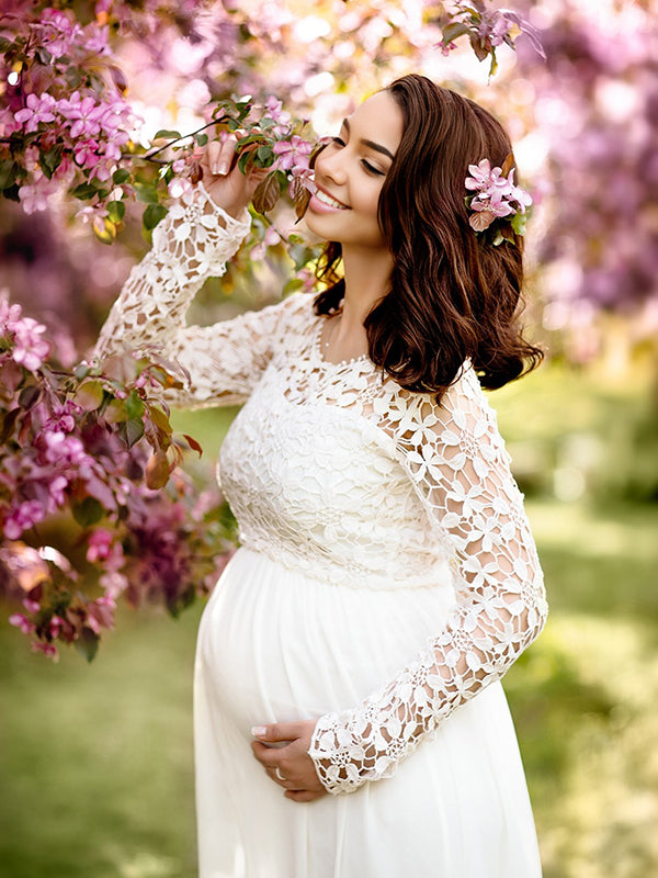Mumsmode Zwangerchaps Maxi Bruilofts Jurk Elegant Kanten Borduursel Ronde Hals Lange Mouw Wit