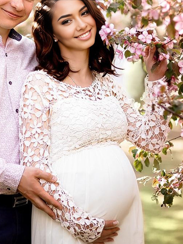 Mumsmode Zwangerchaps Maxi Bruilofts Jurk Elegant Kanten Borduursel Ronde Hals Lange Mouw Wit