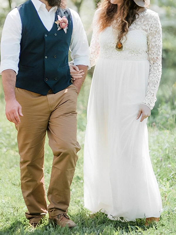Mumsmode Zwangerchaps Maxi Bruilofts Jurk Elegant Kanten Borduursel Ronde Hals Lange Mouw Wit