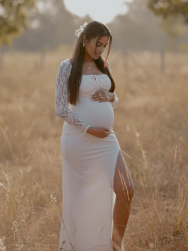 Mumsmode Zwangerchaps Maxi Fotoshoot Jurk Elegant Kanten Zijsplit Vierkante Hals Wit