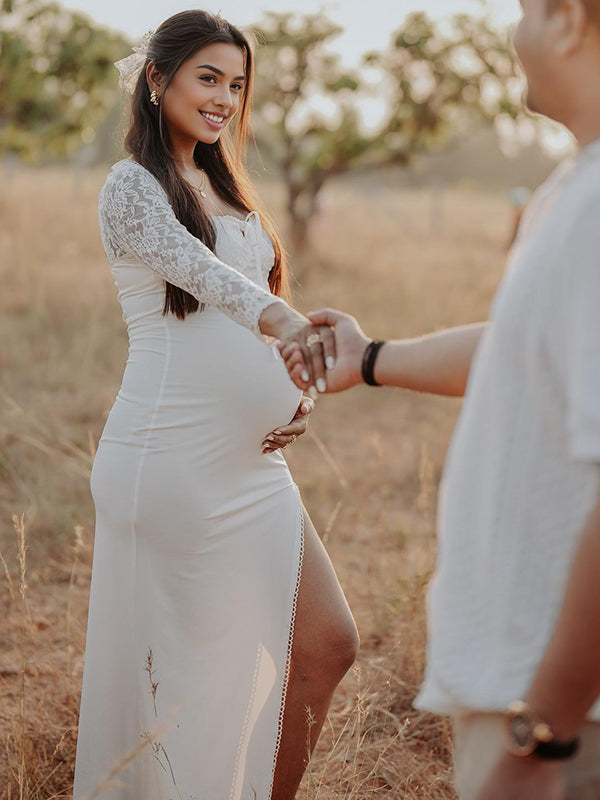 Mumsmode Zwangerchaps Maxi Fotoshoot Jurk Elegant Kanten Zijsplit Vierkante Hals Wit