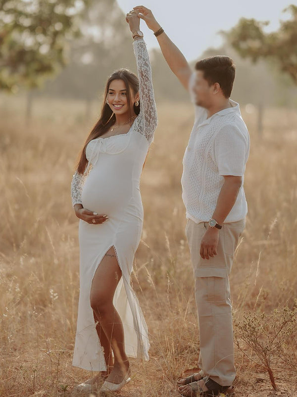 Mumsmode Zwangerchaps Maxi Fotoshoot Jurk Elegant Kanten Zijsplit Vierkante Hals Wit