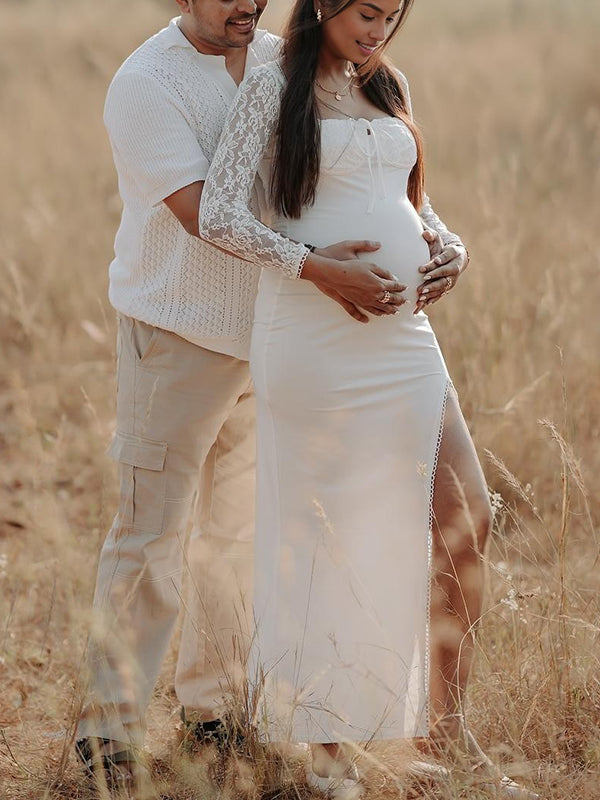 Mumsmode Zwangerchaps Maxi Fotoshoot Jurk Elegant Kanten Zijsplit Vierkante Hals Wit