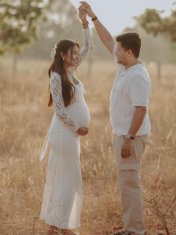 Mumsmode Zwangerchaps Maxi Fotoshoot Jurk Elegant Kanten Zijsplit Vierkante Hals Wit