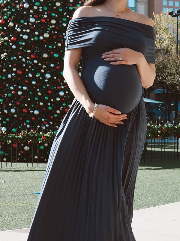 Mumsmode Zwangerchaps Maxi BabyShower Jurken Elegant Geplooid Boot Nek Donkerblauw