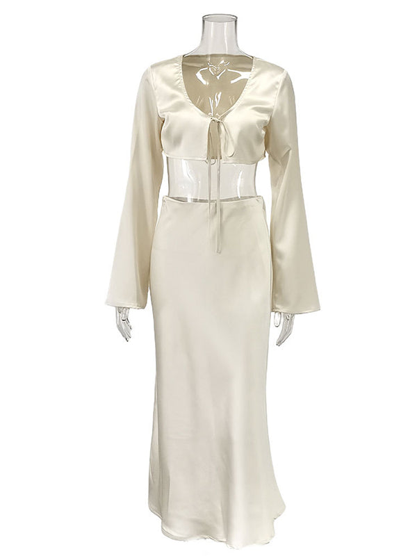 Mumsmode Zwangerchaps Maxi Fotoshoot Jurken Elegant Koord Middenrif 2-in-1 Flare Mouw Champagne
