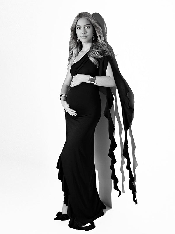 Mumsmode Zwangerchaps Maxi Fotoshoot Jurken Elegant Ruches Zijsplit Onregelmatige Kraag Zwart