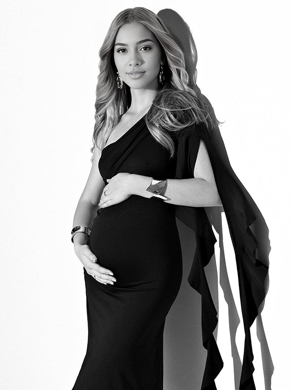 Mumsmode Zwangerchaps Maxi Fotoshoot Jurken Elegant Ruches Zijsplit Onregelmatige Kraag Zwart
