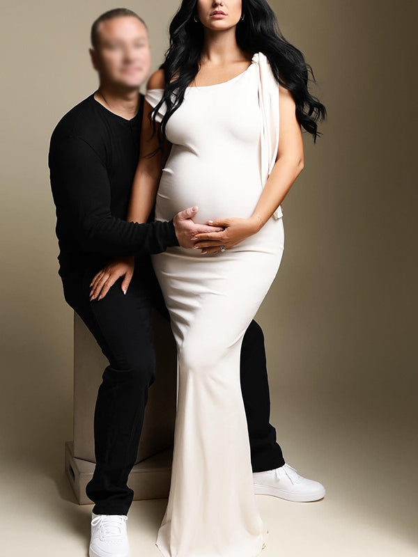 Mumsmode Zwangerchaps Maxi Fotoshoot Jurken Elegant Schouder-band Onregelmatige Kraag Abrikoos