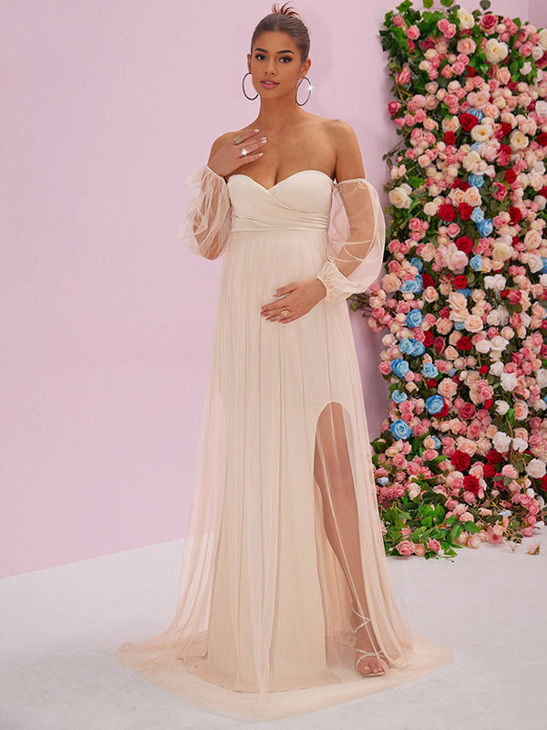 Mumsmode Zwangerchaps Maxi Trouw Jurken Elegant Tule Zijsplit Boot Nek Lantaarn Mouw Beige