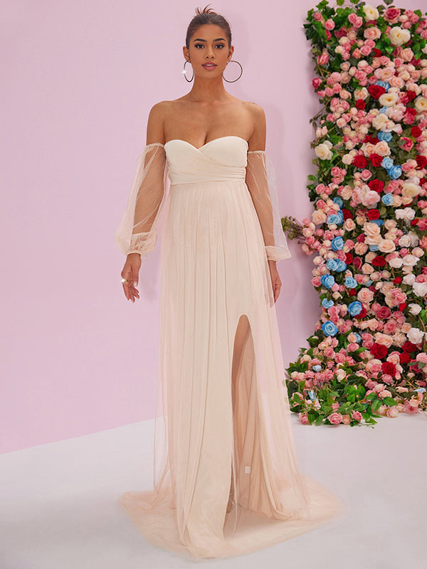 Mumsmode Zwangerchaps Maxi Trouw Jurken Elegant Tule Zijsplit Boot Nek Lantaarn Mouw Beige