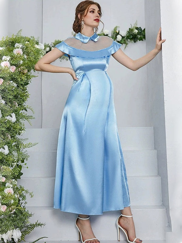 Mumsmode Zwangerchaps Maxi Fotoshoot Jurken Elegant Tule Mandarijn Halsband Mouwloos Hemelsblauw