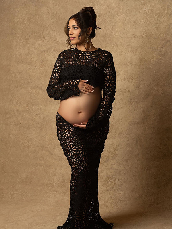 Mumsmode Zwangerchaps Maxi Fotoshoot Jurken Elegant Kanten 2-in-1 Ronde Hals Lange Mouw Zwart