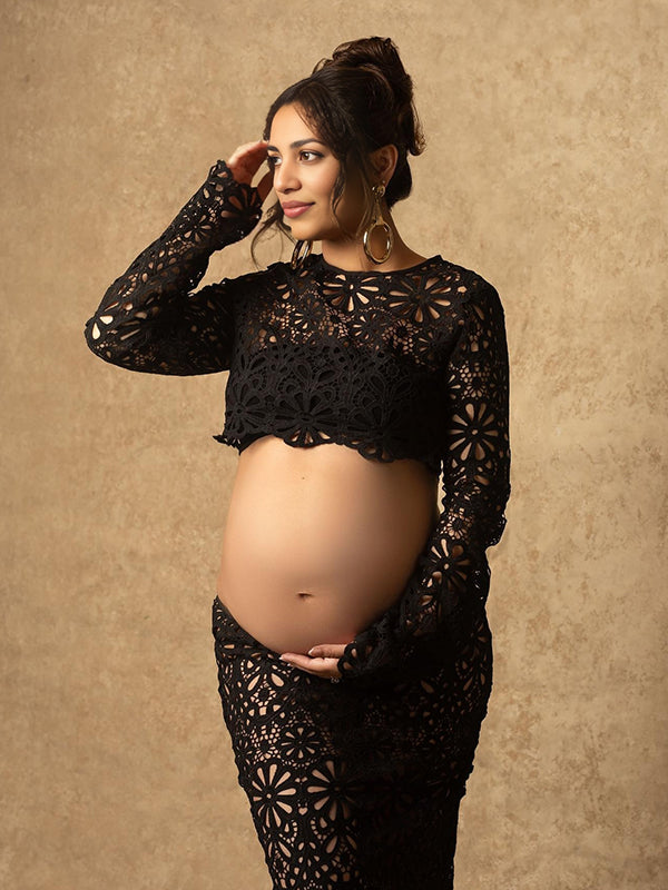 Mumsmode Zwangerchaps Maxi Fotoshoot Jurken Elegant Kanten 2-in-1 Ronde Hals Lange Mouw Zwart