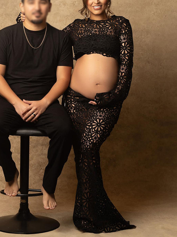 Mumsmode Zwangerchaps Maxi Fotoshoot Jurken Elegant Kanten 2-in-1 Ronde Hals Lange Mouw Zwart