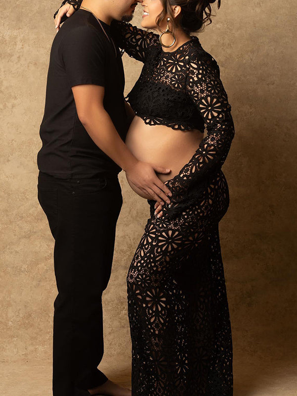 Mumsmode Zwangerchaps Maxi Fotoshoot Jurken Elegant Kanten 2-in-1 Ronde Hals Lange Mouw Zwart