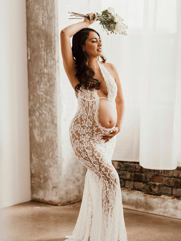Mumsmode Zwangerchaps Maxi Fotoshoot Jurken Elegant Kanten Rugloos Halternek Wit