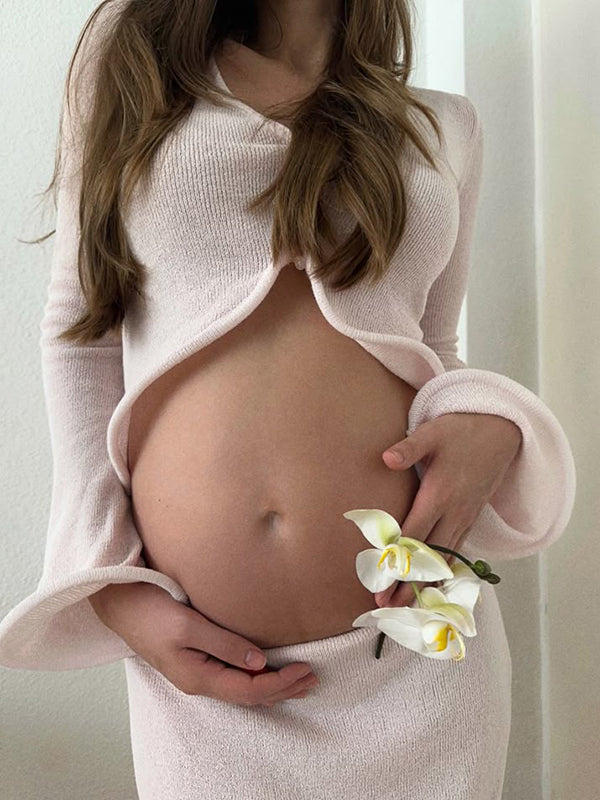 Mumsmode Zwangerschaps Bodycon Jurken Elegant Cocktail 2-in-1 Ruches Golvende Rand Maxi Jurken
