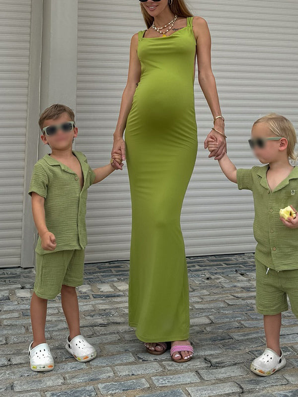 Mumsmode Zwangerschaps Bodycon Jurken Elegant Vakantie Rugloos Spaghetti Maxi Jurken
