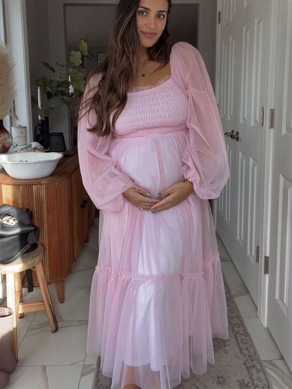 Mumsmode Zwangerschaps Tule Jurken Elegant Ceremonie Gekreukt Trapeze Maxi Fotoshoot Jurken